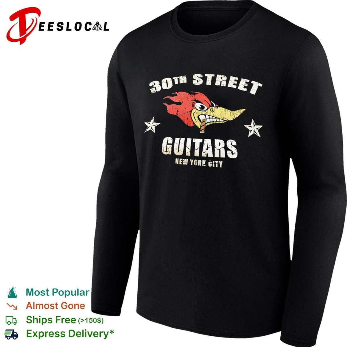 30th Street Guitars New York City Woody Woodpecker smoking cigar logo shirt