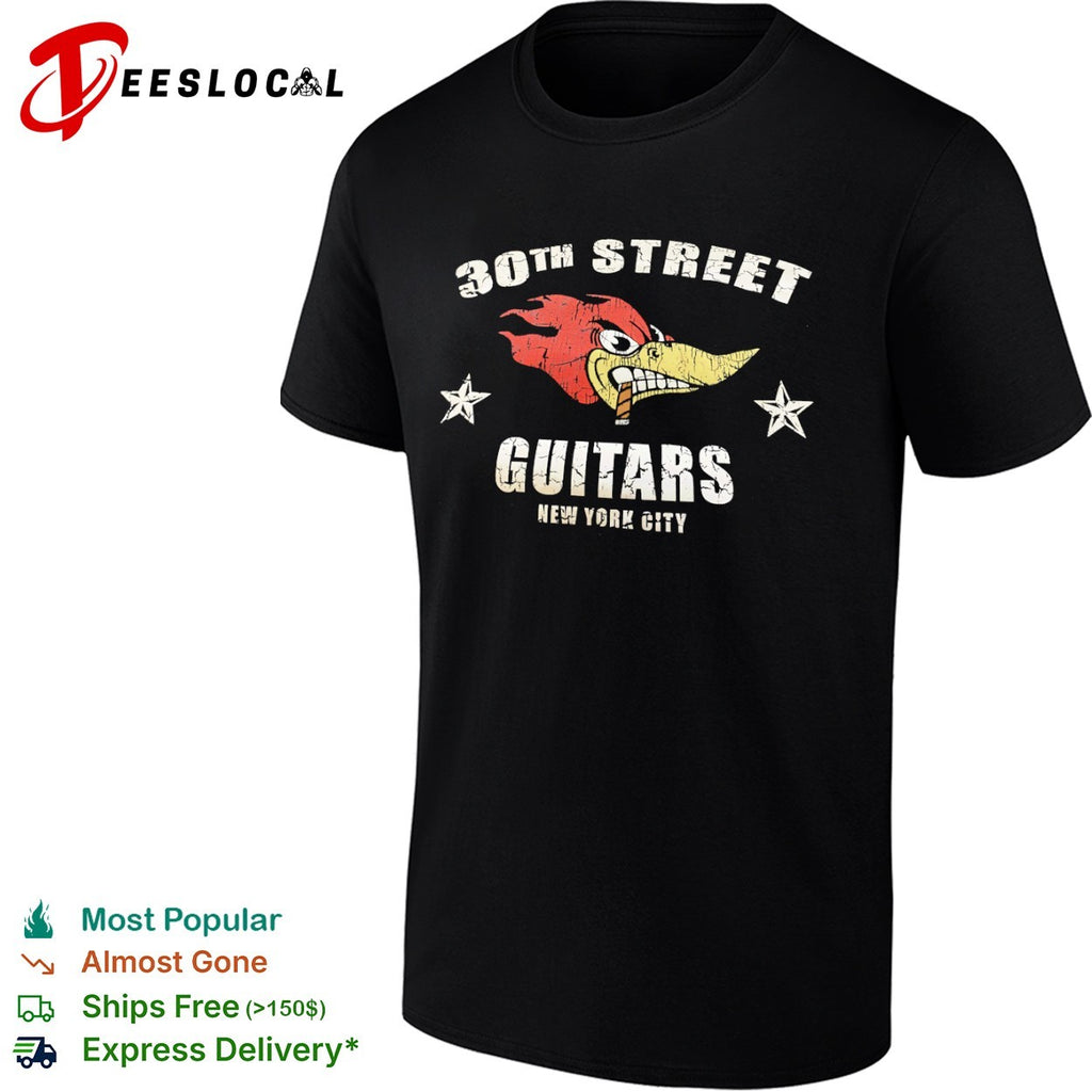 30th Street Guitars New York City Woody Woodpecker smoking cigar logo shirt