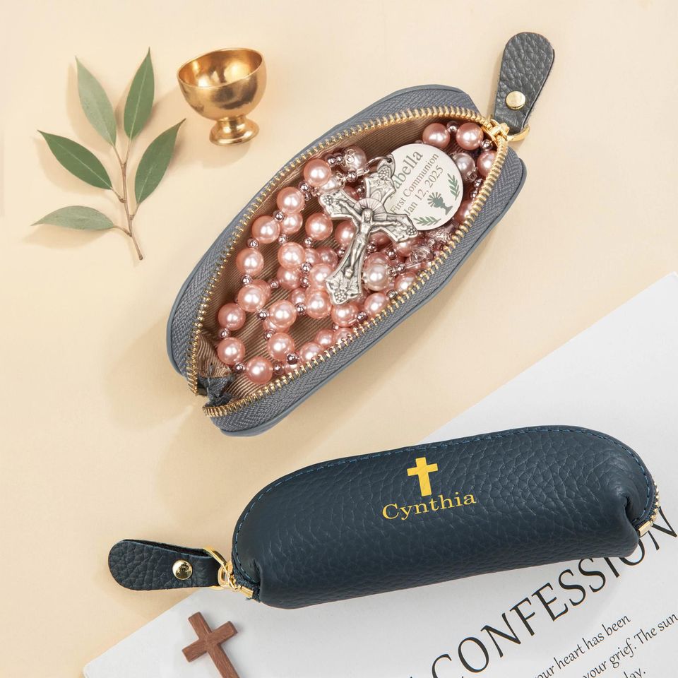 Personalized Name Cross Rosary Bag Mini Leather Coin Purse Christian Gift for Her Mom Grandma