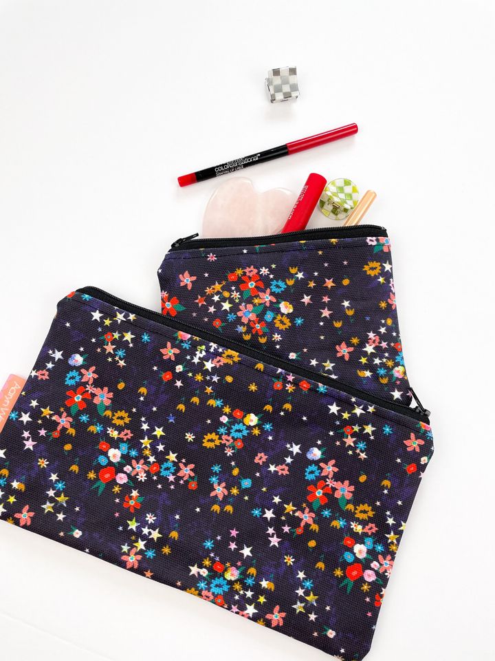 Star Floral Zippered Pouch Makeup Bag Navy Blue