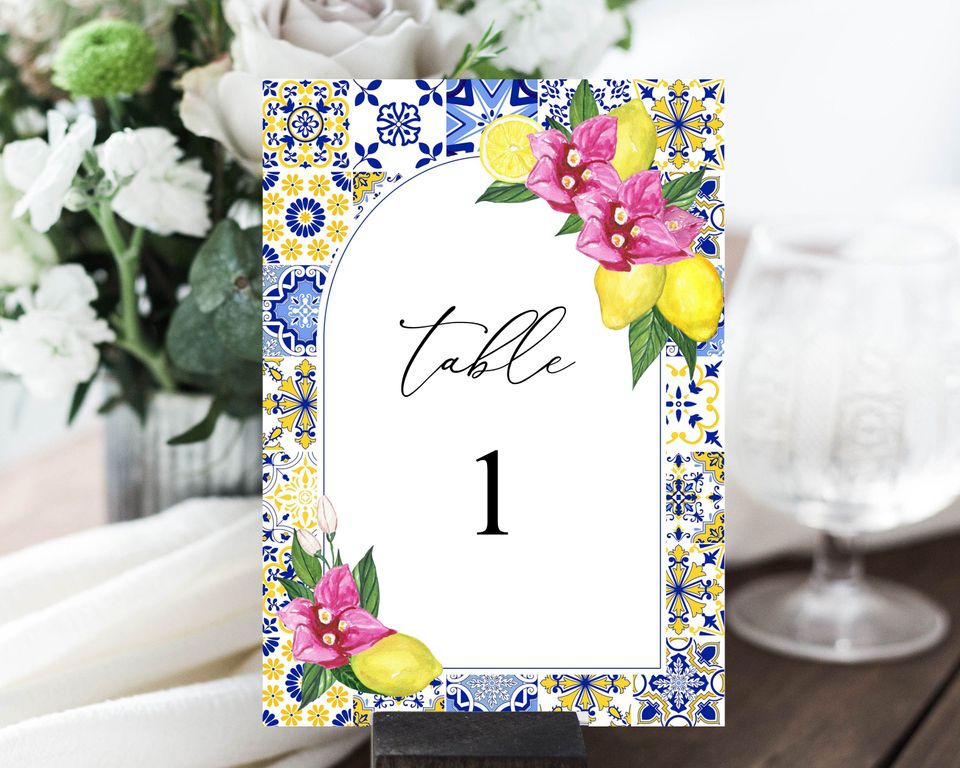 Mediterranean Lemon Table Number, Blue Tiles Bougainvillea Lemon, Tuscan Italian Template, Santorini, Modern Elegant Table Seating, ME2