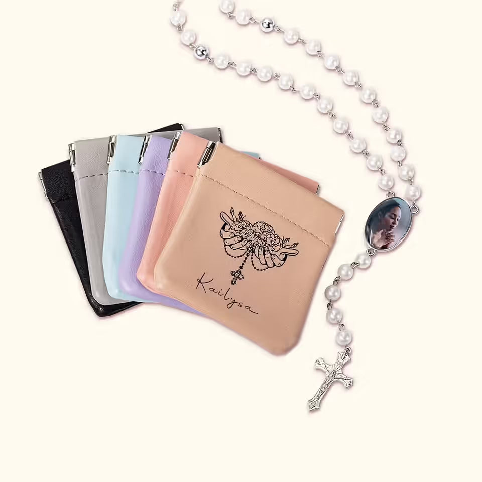 Personalised Birth Flower Cross Leather Squeeze Pouch Rosary Pouch Storage Bag with Name Communion Baptism Gift for Christians