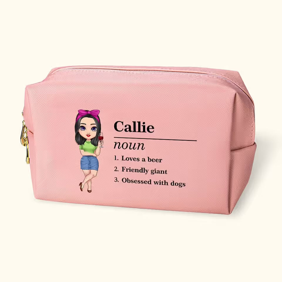 Personalised Stylish Name Definition PU Leather Makeup Pouch Bag with Cartoon Character Travel Accessory Birthday Gift for Women