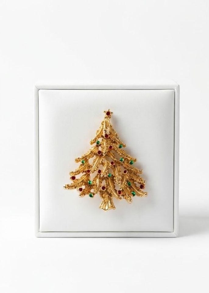 Vintage Gold Tone Christmas Tree Brooch with Red and Green Rhinestones