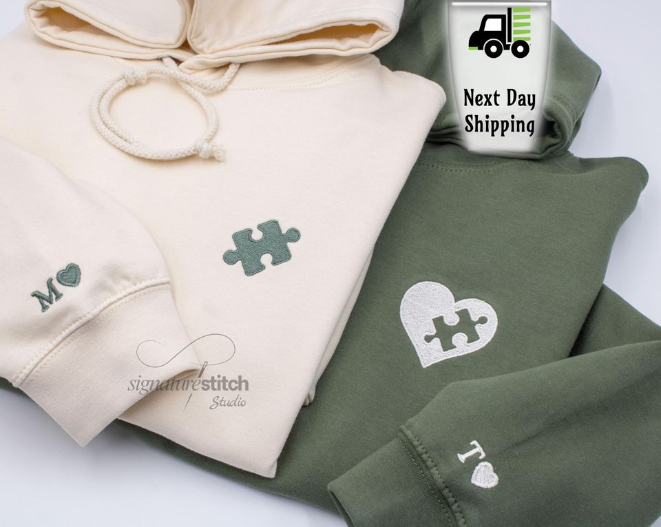Matching Couples Hoodies, Embroidered Heart Puzzle Piece Sweatshirts, Anniversary Gift for him