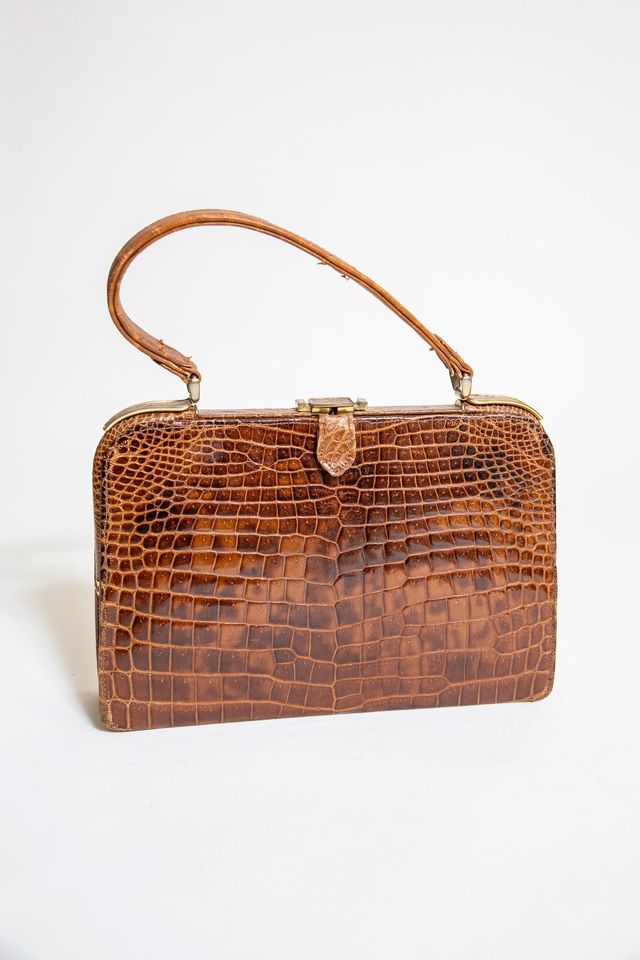 Vintage Brown Leather Top Handle Bag: 1970s Genuine Leather Purse