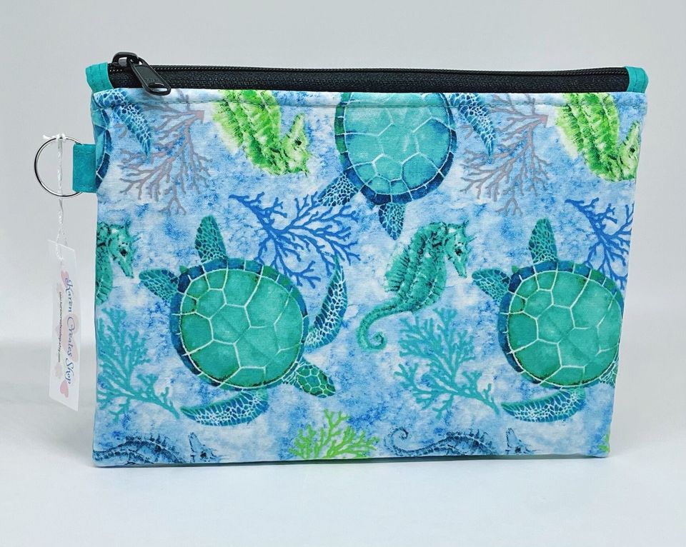 Sea Turtle Zipper Pouch: Cotton Cosmetic Bag with Keychain