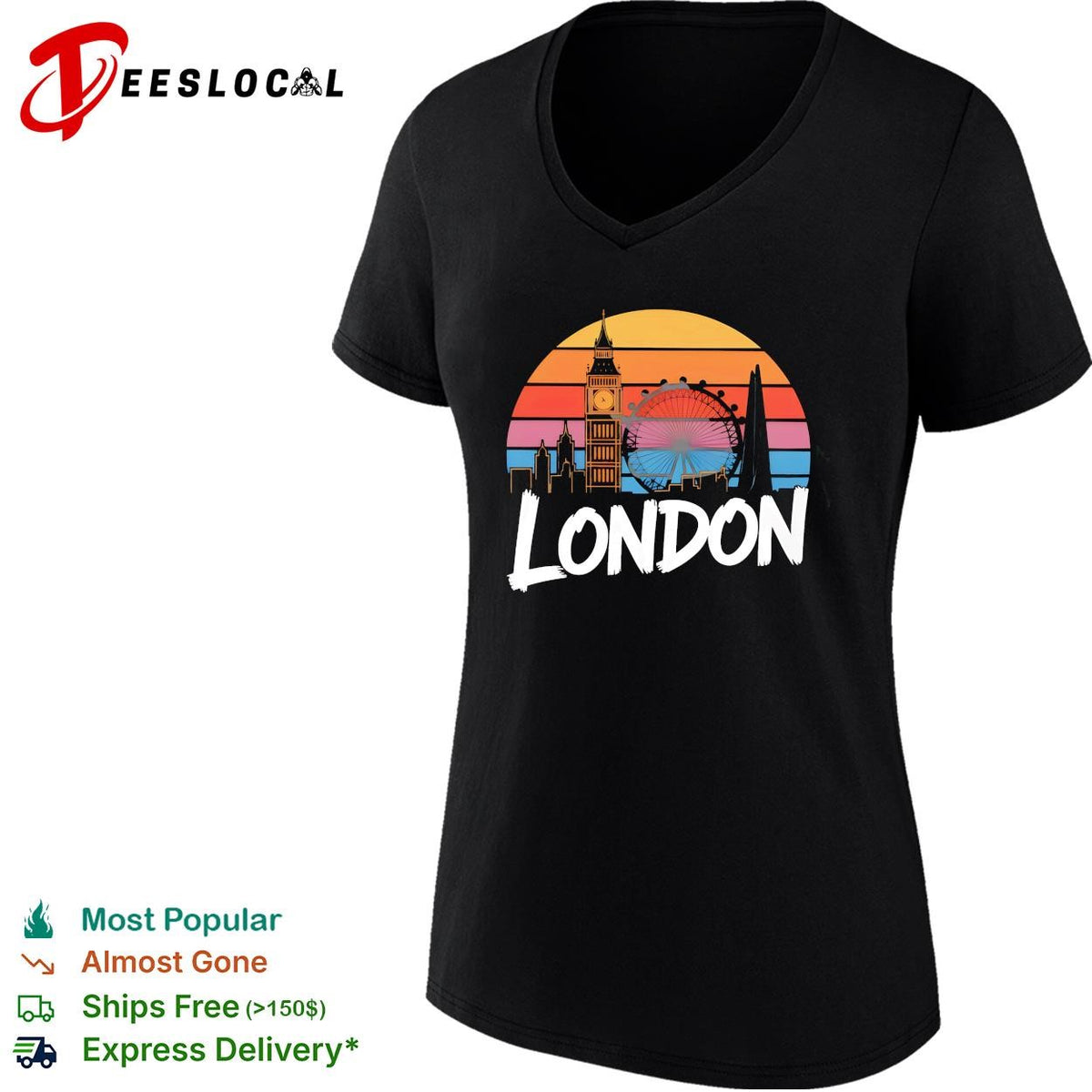 London skyline Big Ben and London Eye sunset retro color stripes graphic shirt