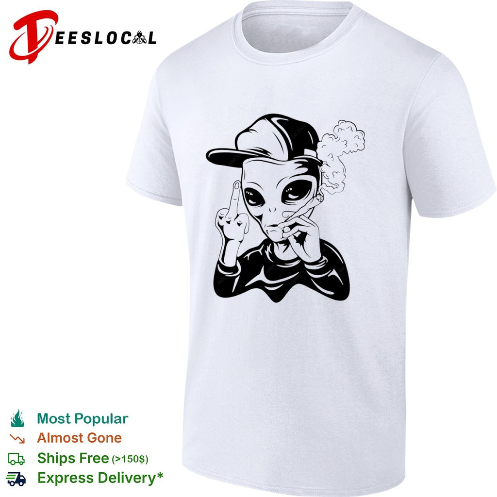 Alien smoking weed flipping off middle finger rap shirt
