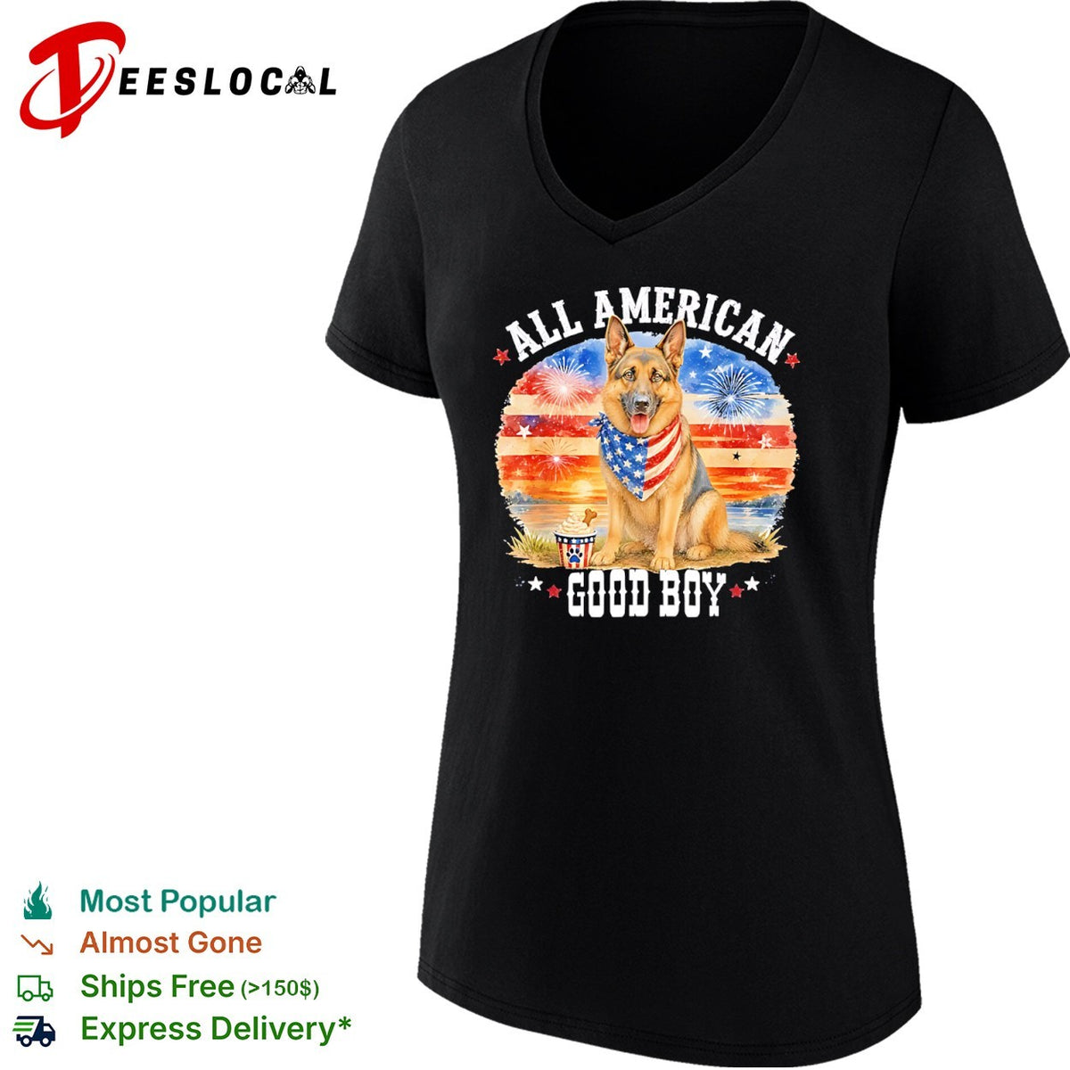 All American Good Boy German Shepherd Fireworks Stars and Stripes Patriotic shirt