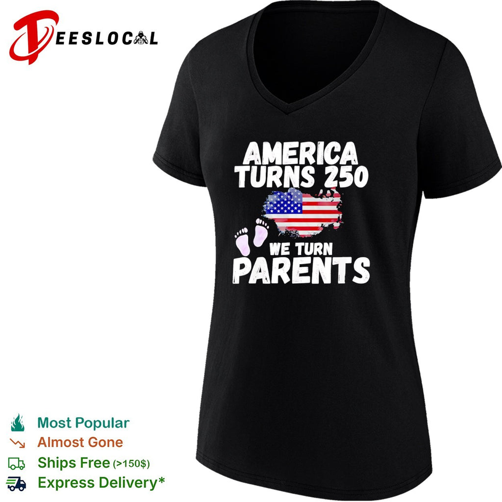 America turns 250 we turn parents USA flag baby footprint announcement shirt