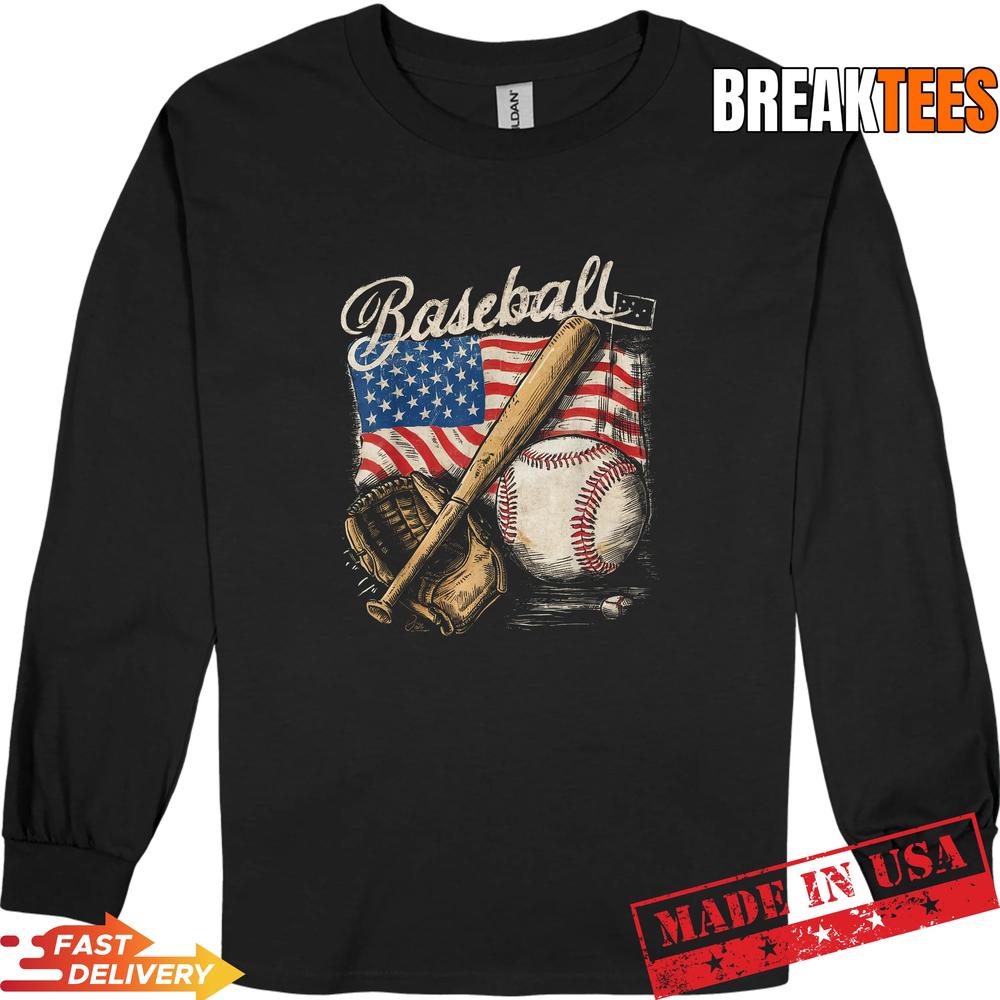 American Flag Baseball Player Bat Fan Catcher Pitcher USA Shirt