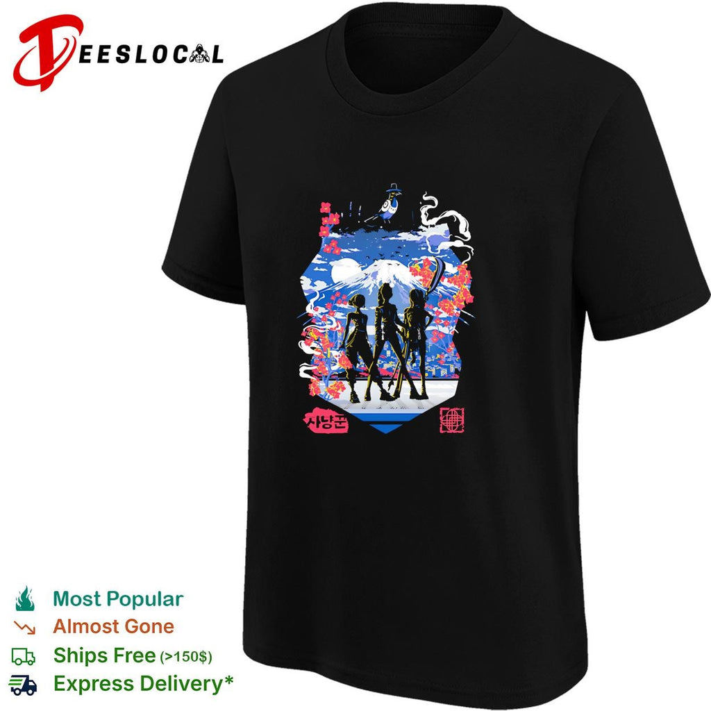 Anime squad silhouette Mount Fuji cherry blossom moonlight graphic shirt