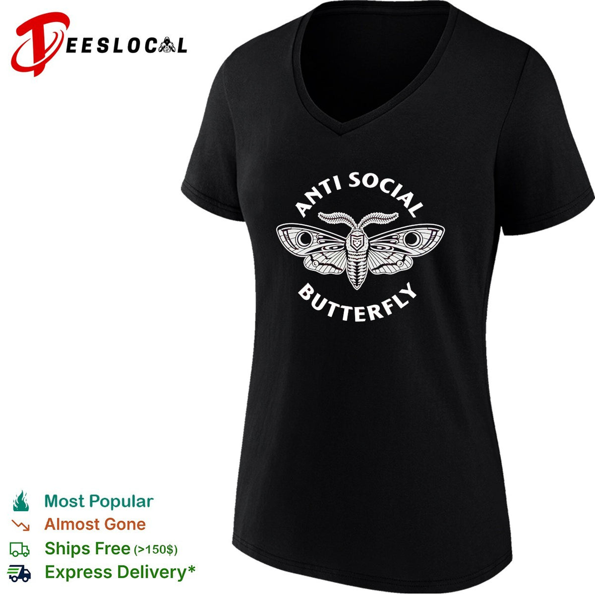 Anti social butterfly moth illustration badge shirt