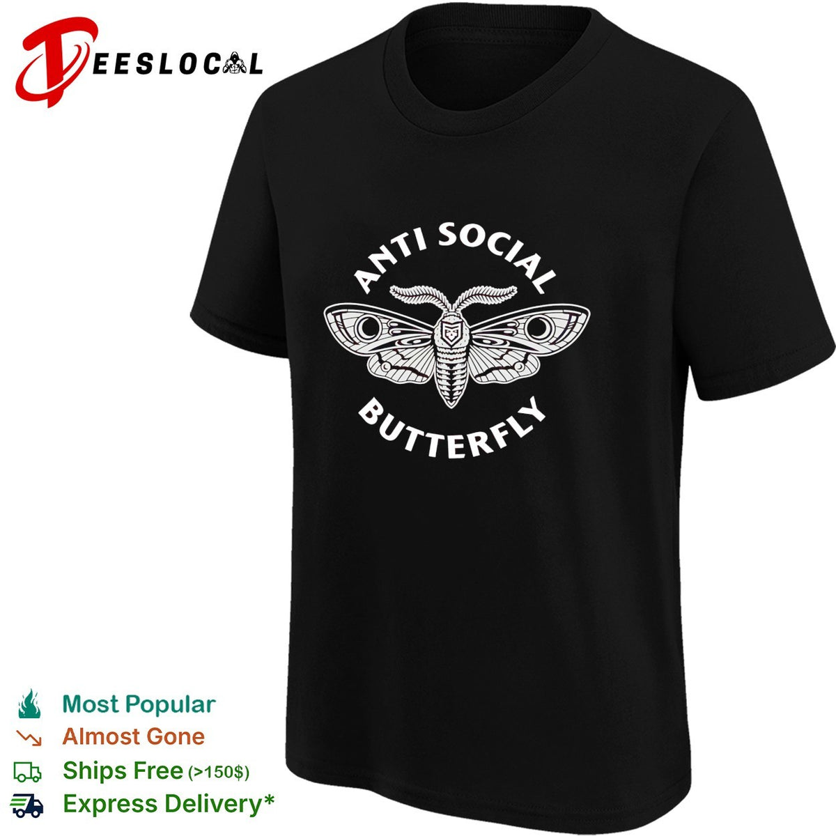 Anti social butterfly moth illustration badge shirt