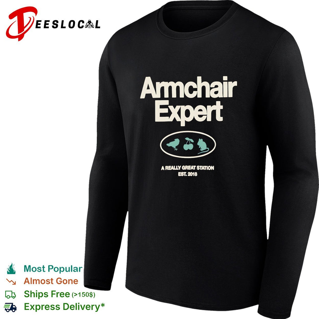 Armchair Expert podcast logo with bird cherry and mouse a really great station shirt
