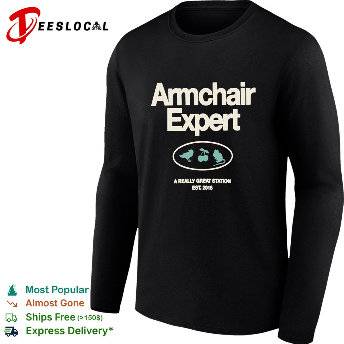 Armchair Expert podcast logo with bird cherry and mouse a really great station shirt