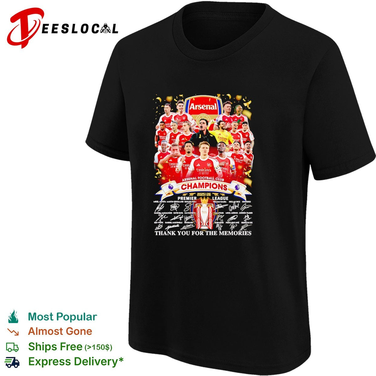 Arsenal FC 2025 26 Champions Mikel Arteta Martin Odegaard Bukayo Saka team shirt