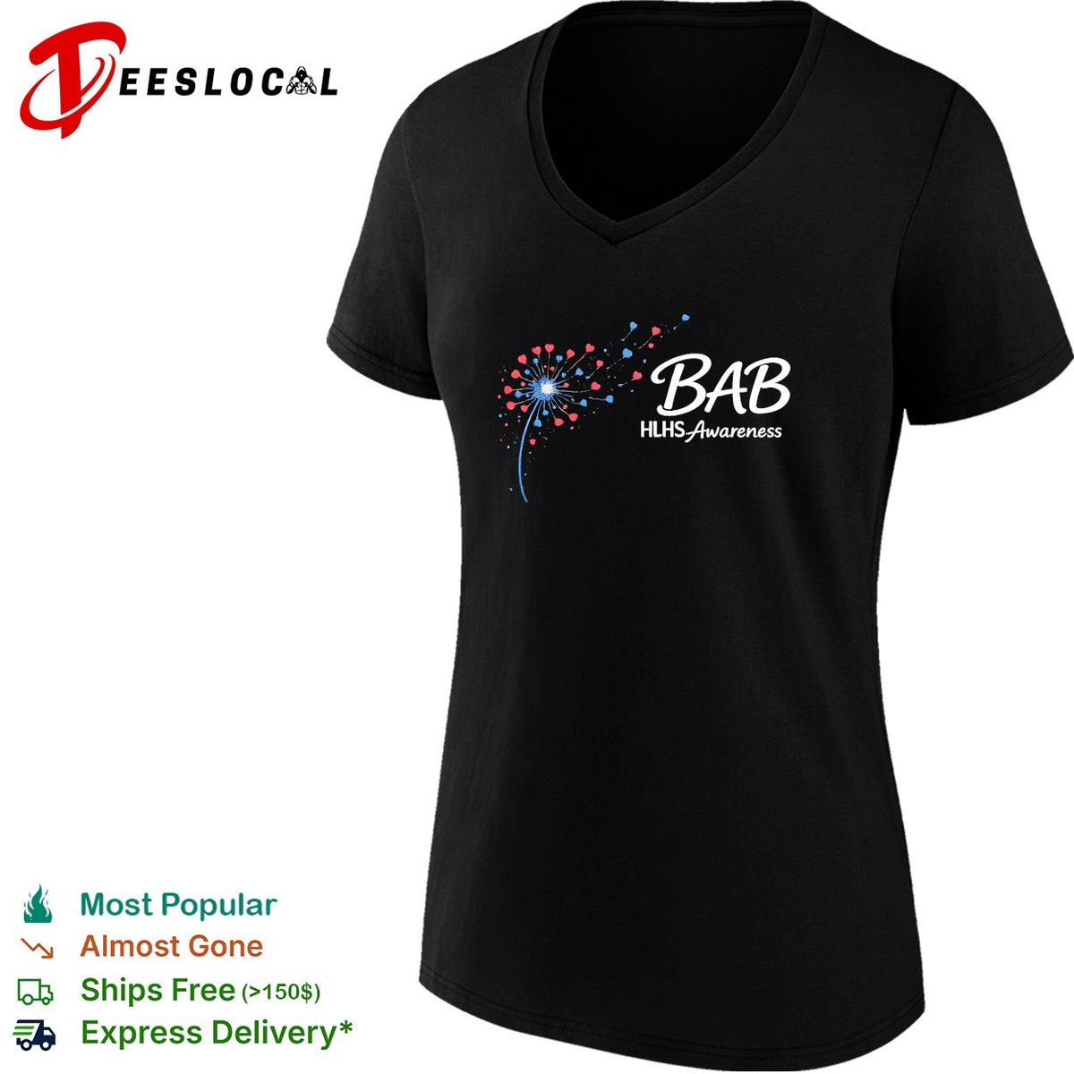 Bab HLHS Awareness dandelion heart illustration custom design on a black shirt