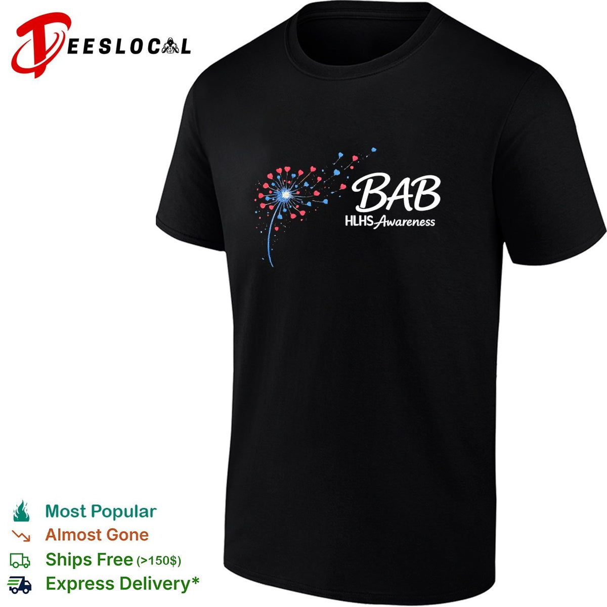 Bab HLHS Awareness dandelion heart illustration custom design on a black shirt