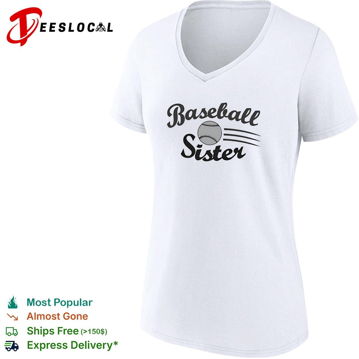 Baseball Sister sports design with flying ball motion lines print on a white shirt