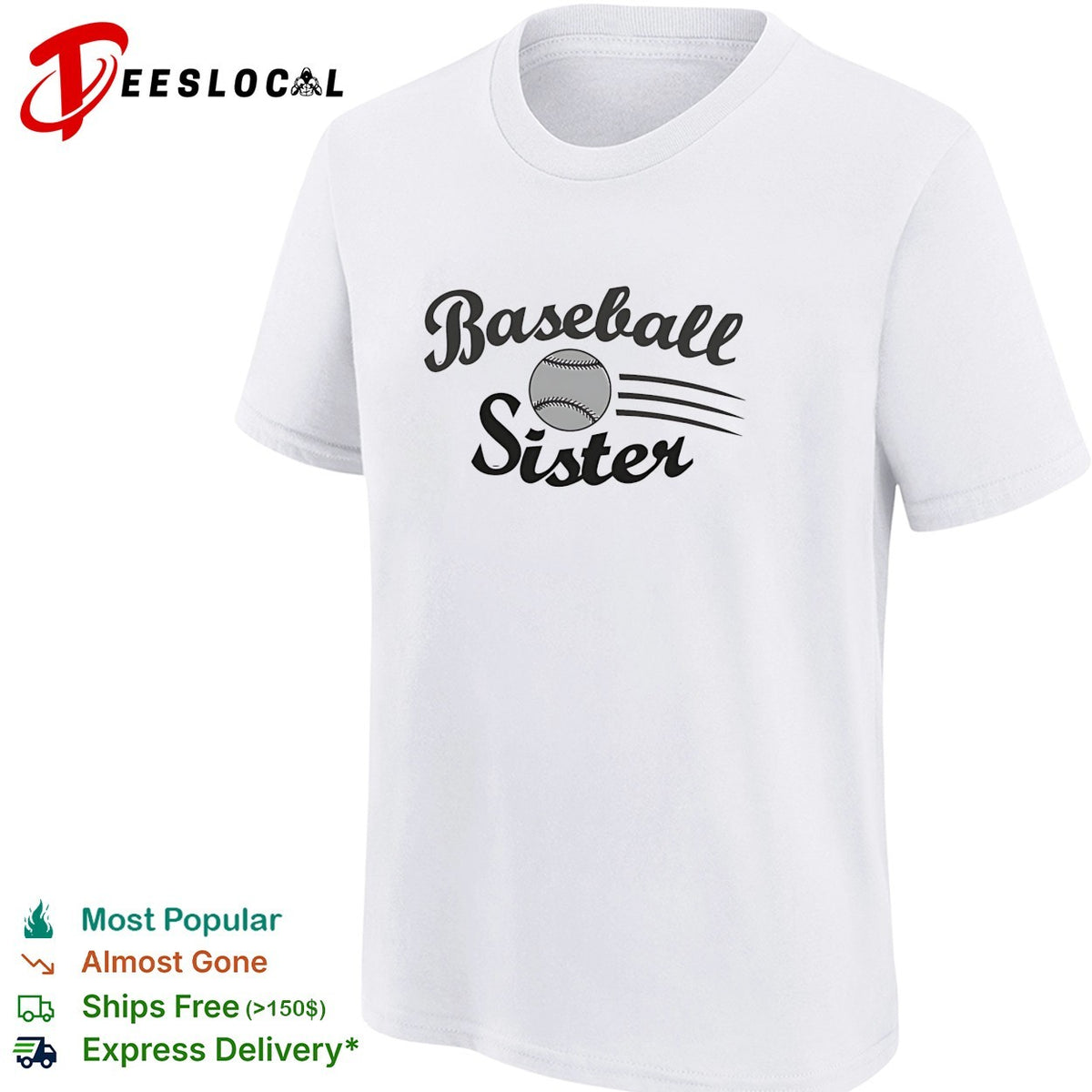 Baseball Sister sports design with flying ball motion lines print on a white shirt