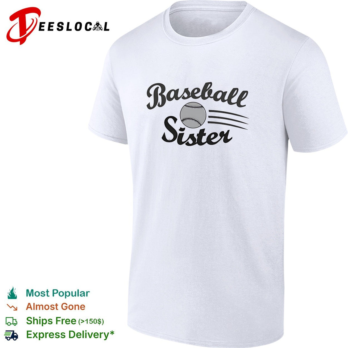 Baseball Sister sports design with flying ball motion lines print on a white shirt