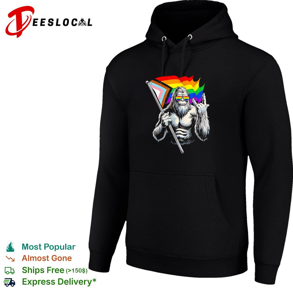 Bigfoot holding Progress Pride flag middle finger LGBTQ art shirt