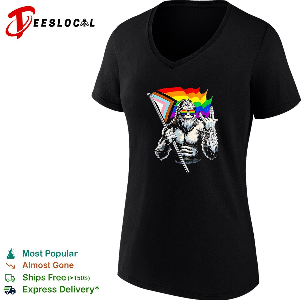 Bigfoot holding Progress Pride flag middle finger LGBTQ art shirt