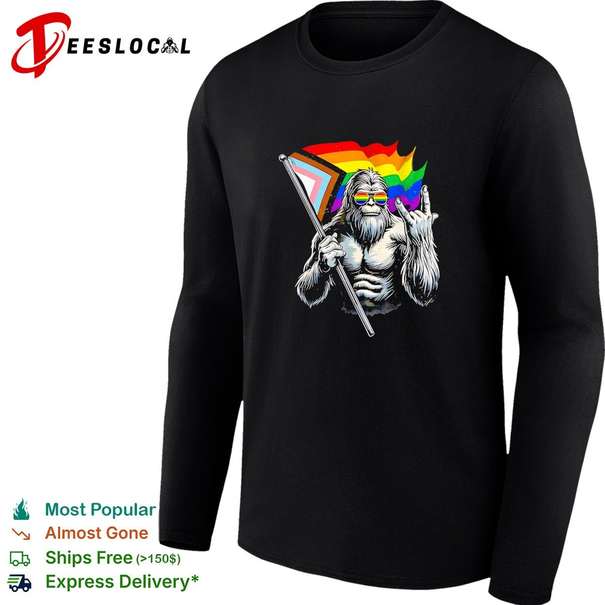 Bigfoot holding Progress Pride flag middle finger LGBTQ art shirt