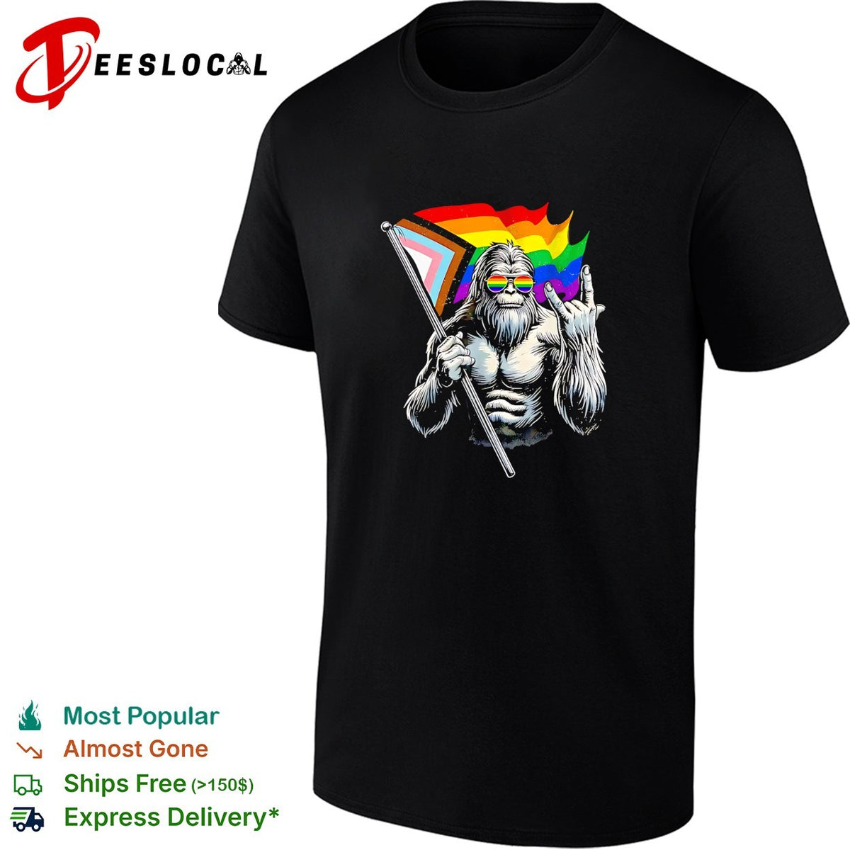 Bigfoot holding Progress Pride flag middle finger LGBTQ art shirt