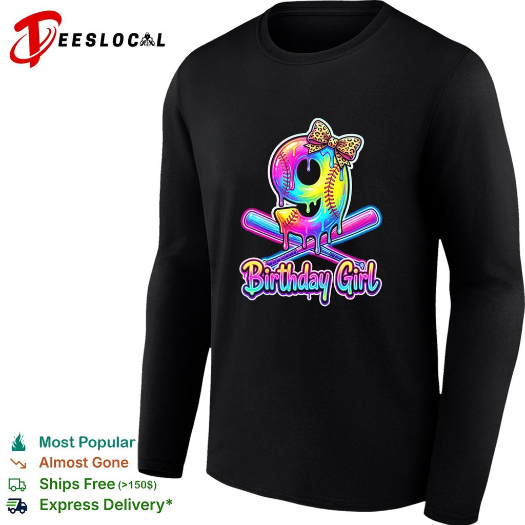 Birthday girl 9th birthday softball dripping neon leopard print bow celebration shirt
