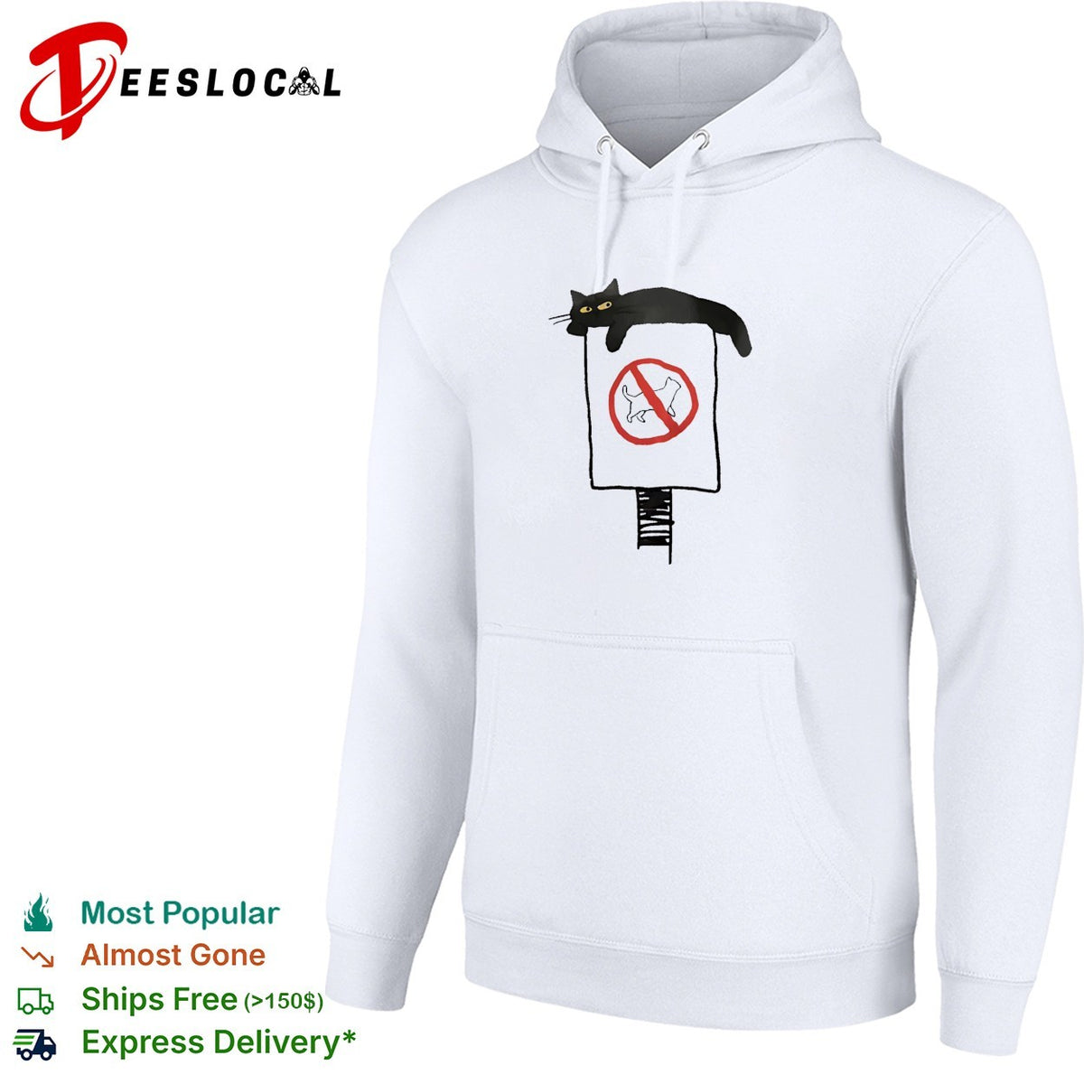 Black cat lounging on no cats allowed sign humor shirt