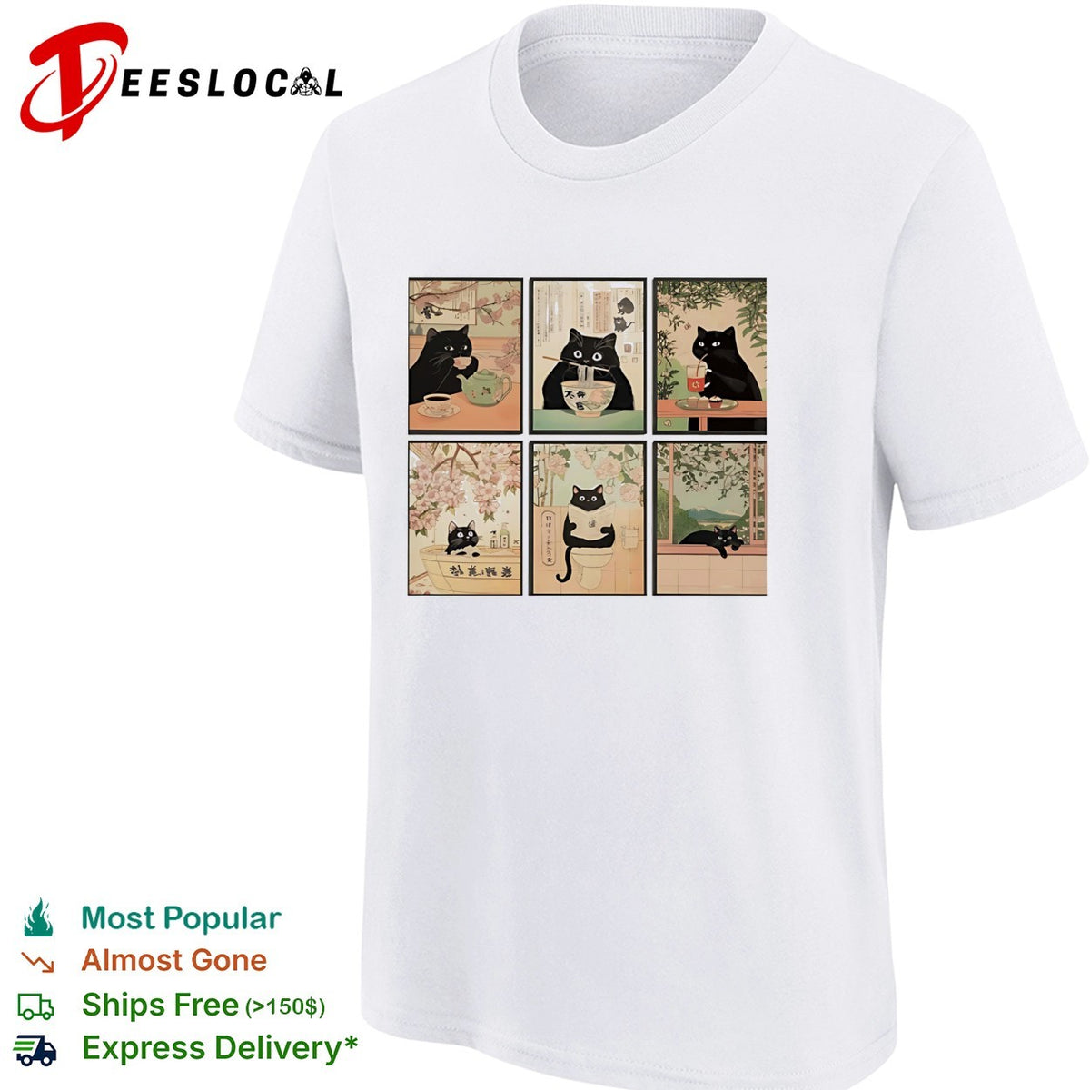Black cats Japanese ukiyo-e art style six panel collage shirt