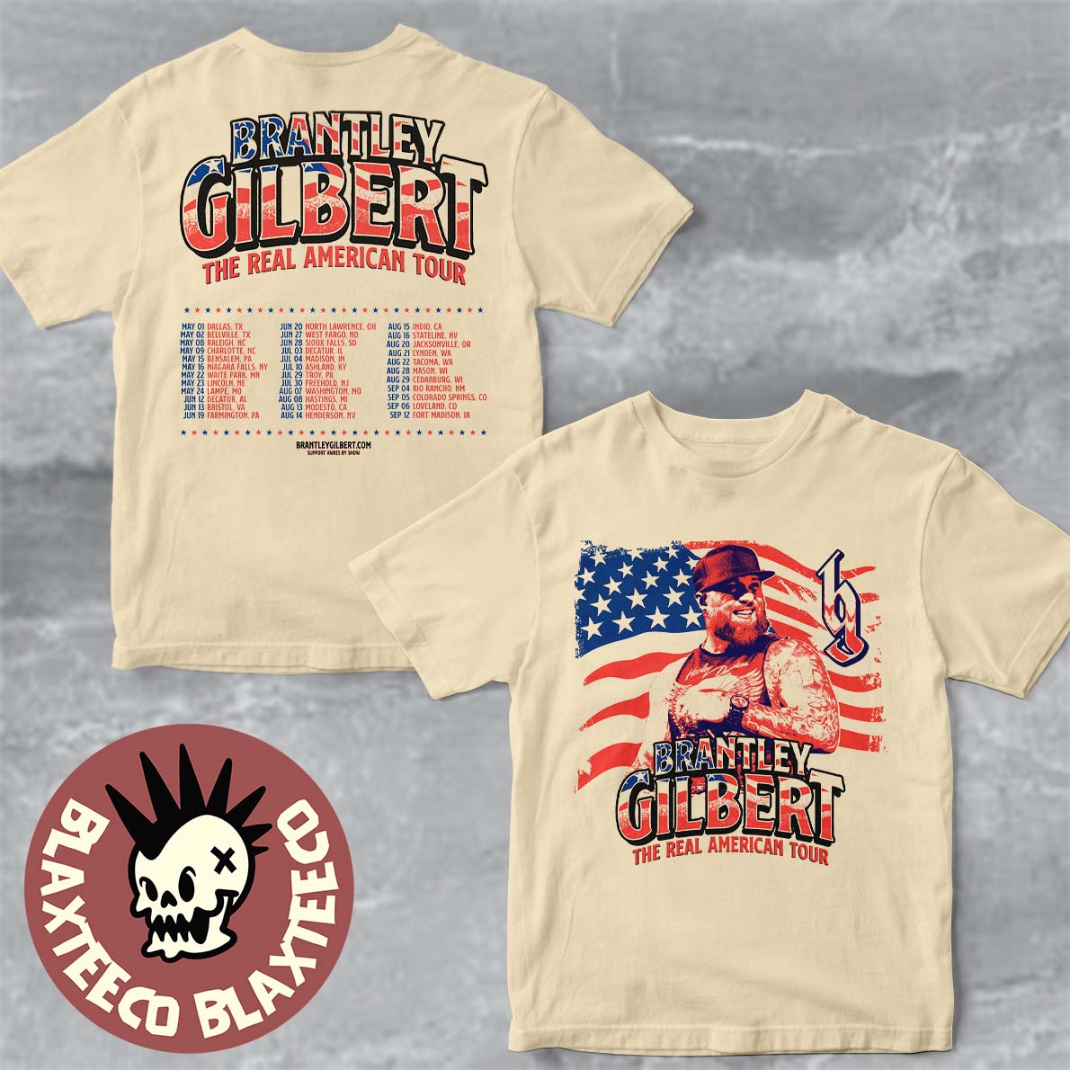Brantley Gilbert The Real American Tour 2026 Schedule Dates Two Sided T-Shirt