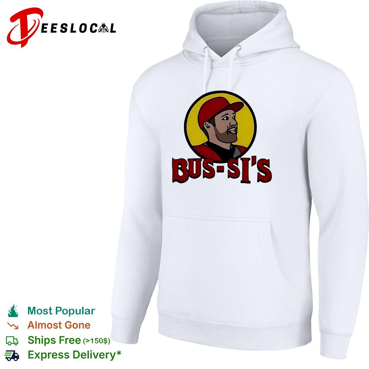 Bus-Si’s baseball player cartoon food chain parody logo white shirt