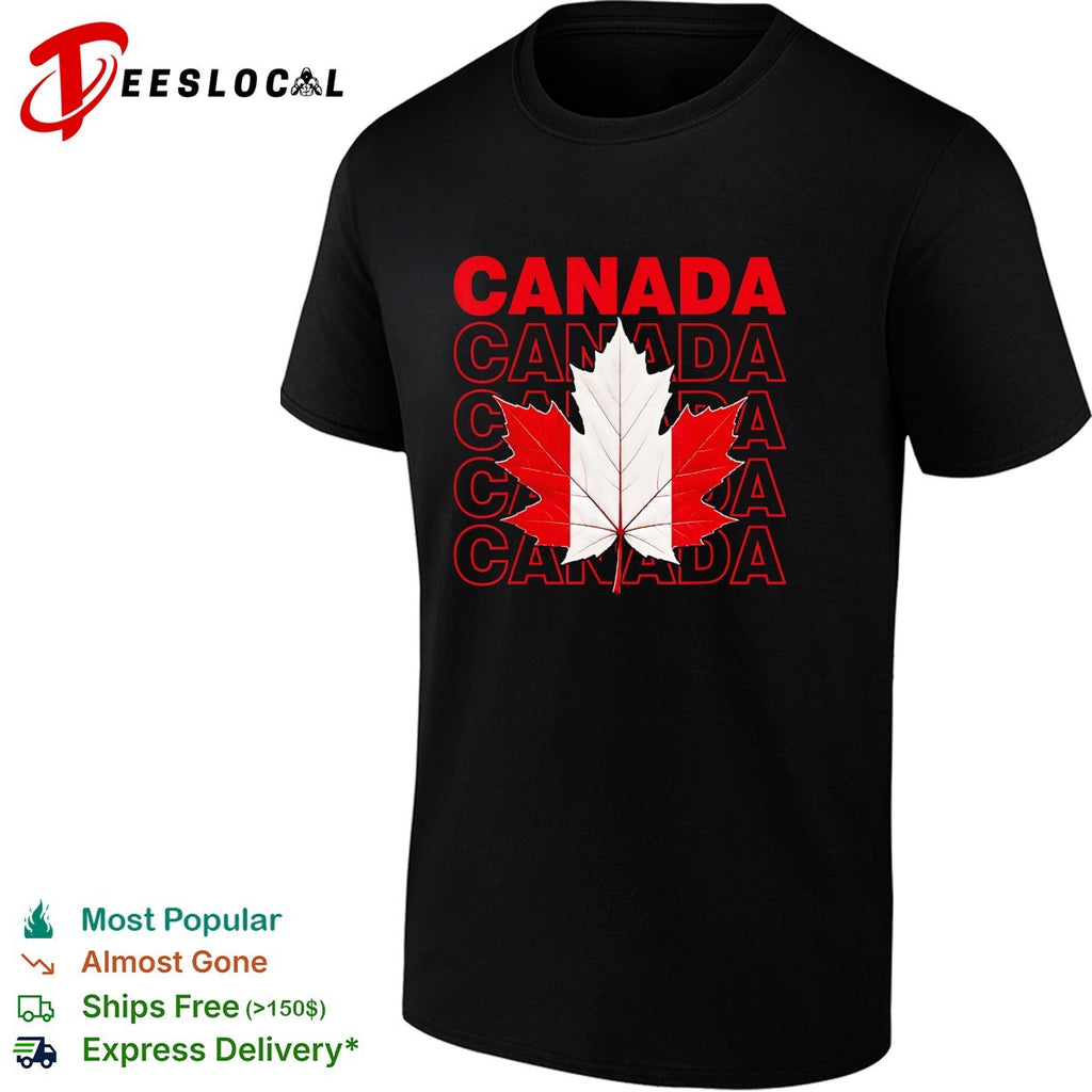 Canada maple leaf bold repeated stacked text shirt