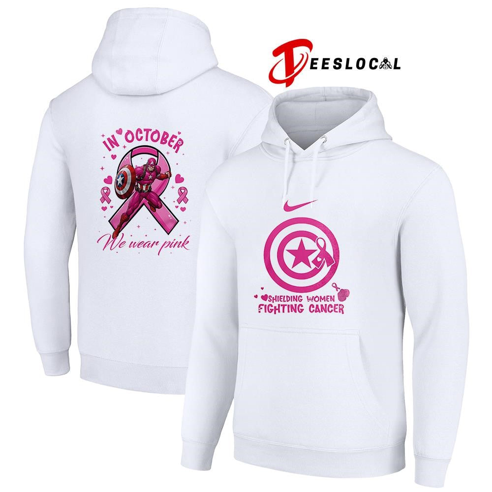Captain America shielding women fighting cancer in october we wear pink graphic shirt