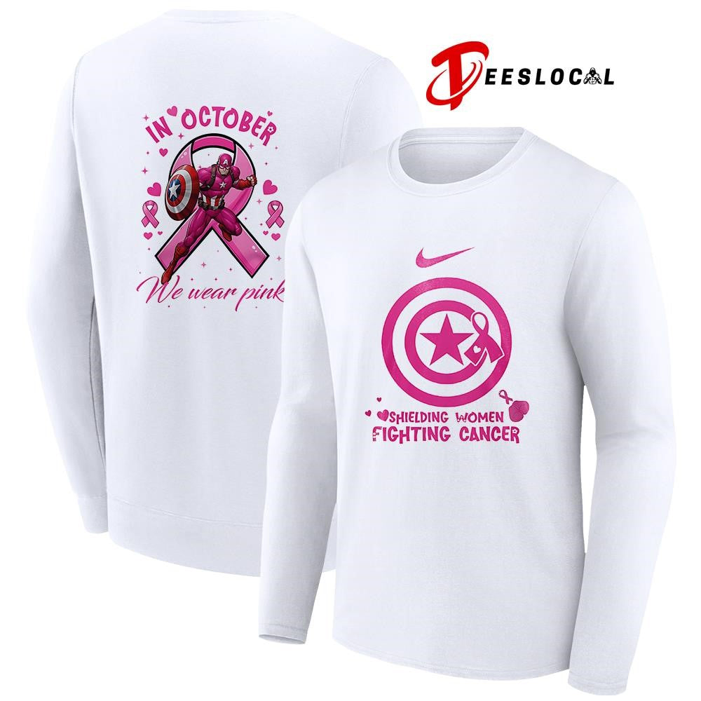 Captain America shielding women fighting cancer in october we wear pink graphic shirt