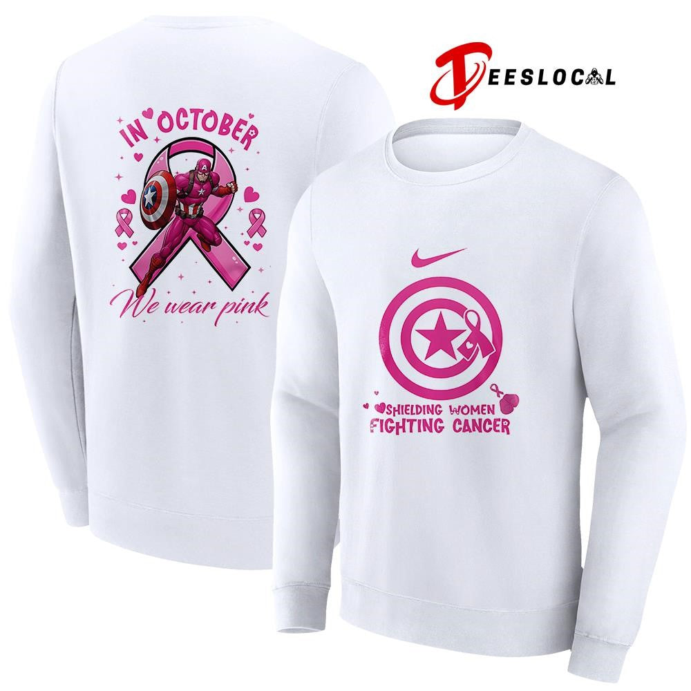 Captain America shielding women fighting cancer in october we wear pink graphic shirt