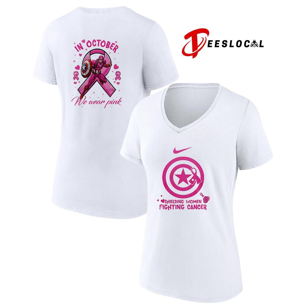 Captain America shielding women fighting cancer in october we wear pink graphic shirt