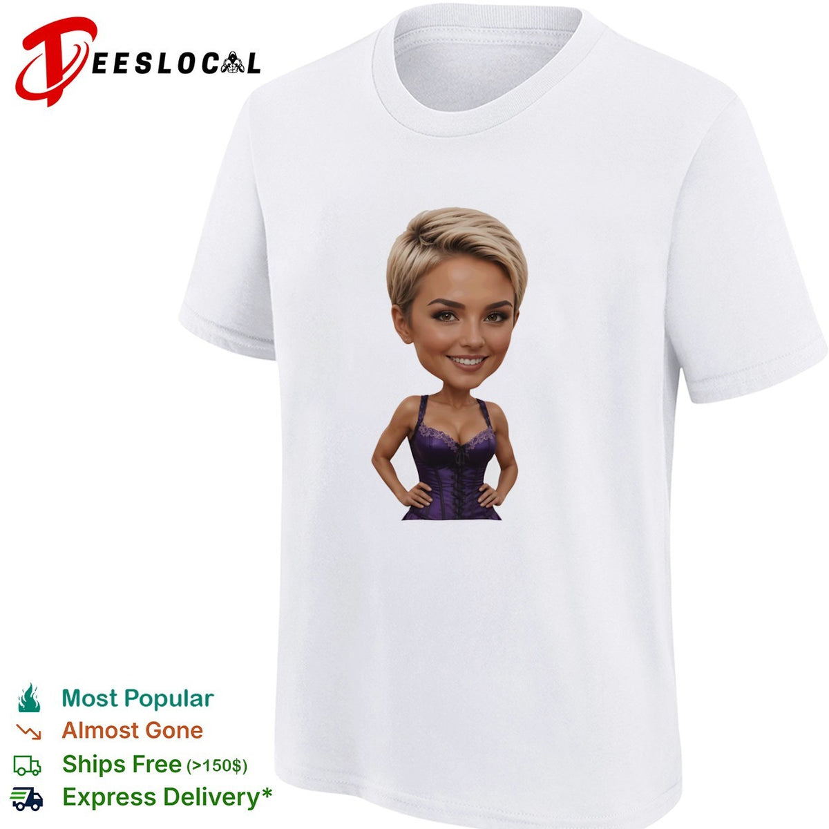 Caricature Blonde Short Hair Purple Corset Body Shape Bobblehead shirt