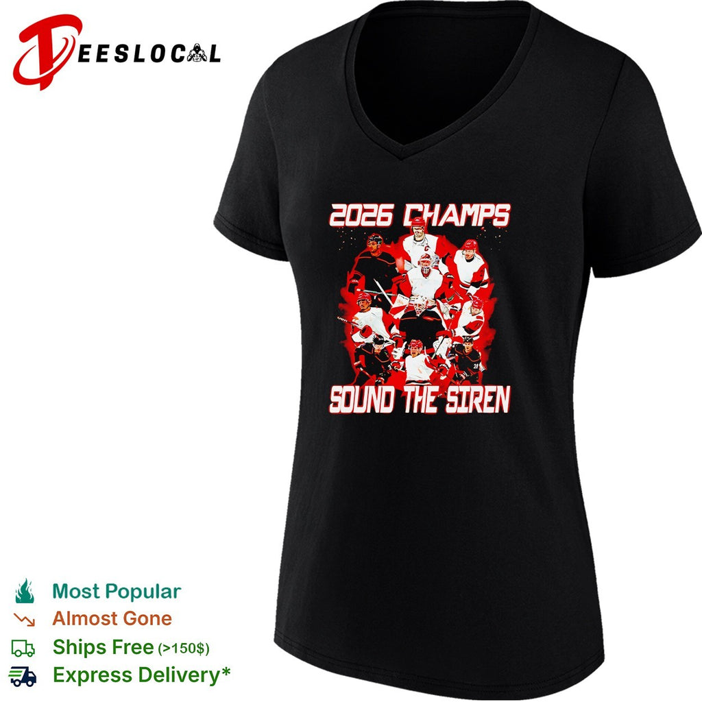 Carolina Hurricanes 2026 Champs Sound the Siren team action photo celebration shirt