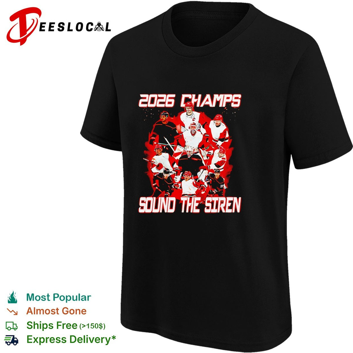 Carolina Hurricanes 2026 Champs Sound the Siren team action photo celebration shirt