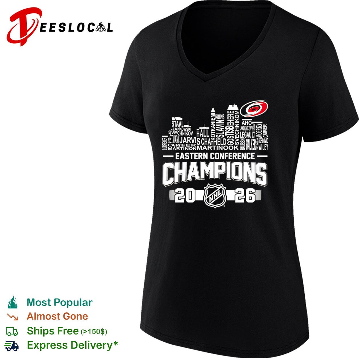 Carolina Hurricanes 2026 Eastern Conference Champions city skyline names shirt