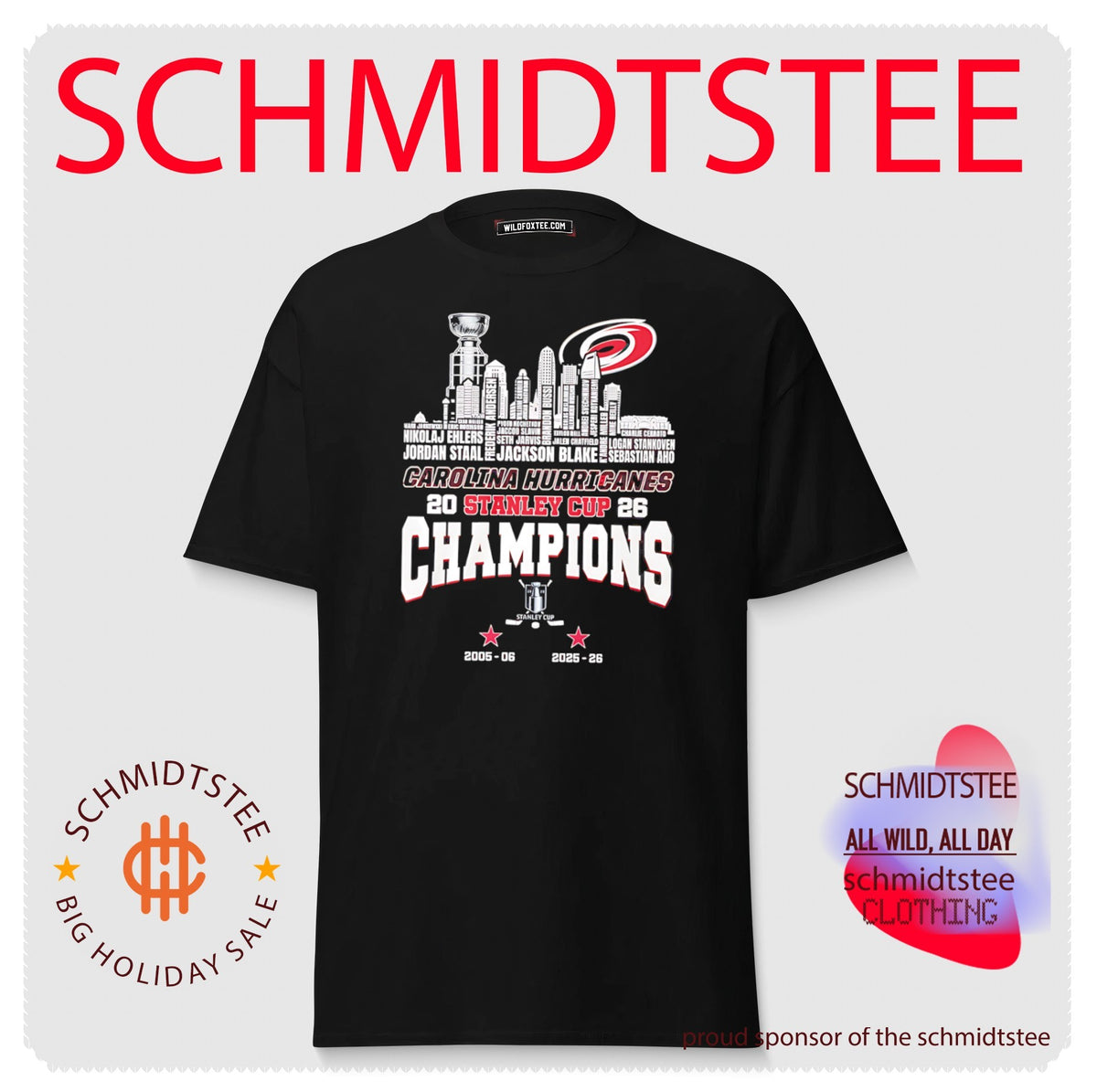Carolina Hurricanes 2026 Stanley Cup Champions trophy alongside city skyline shirt