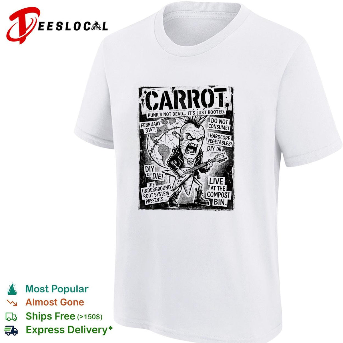 Carrot punk’s not dead hardcore vegetables concert flyer parody graphic shirt