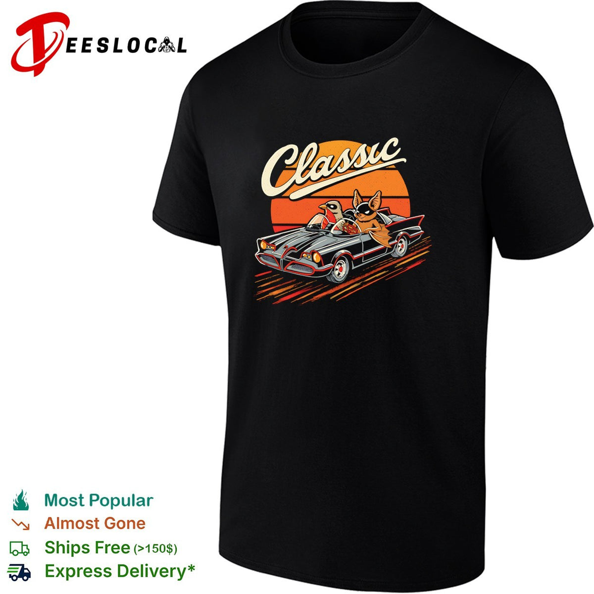 Classic Car Duo A bat and a robin in their hero mobile vintage shirt