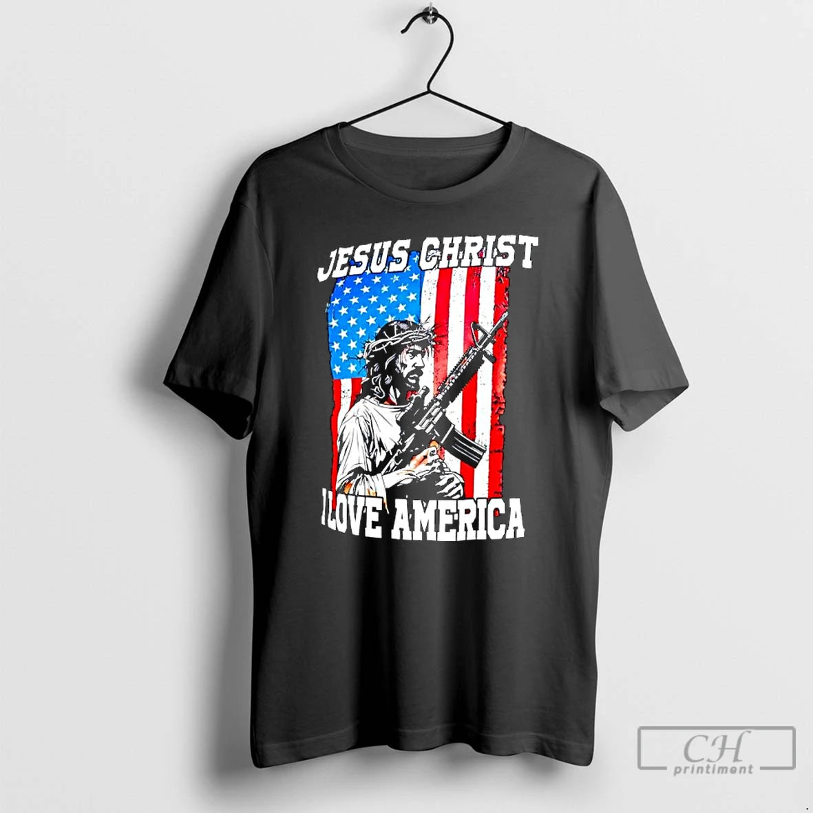 Classic Jesus Christ I Love America Rifle American Flag Graphic