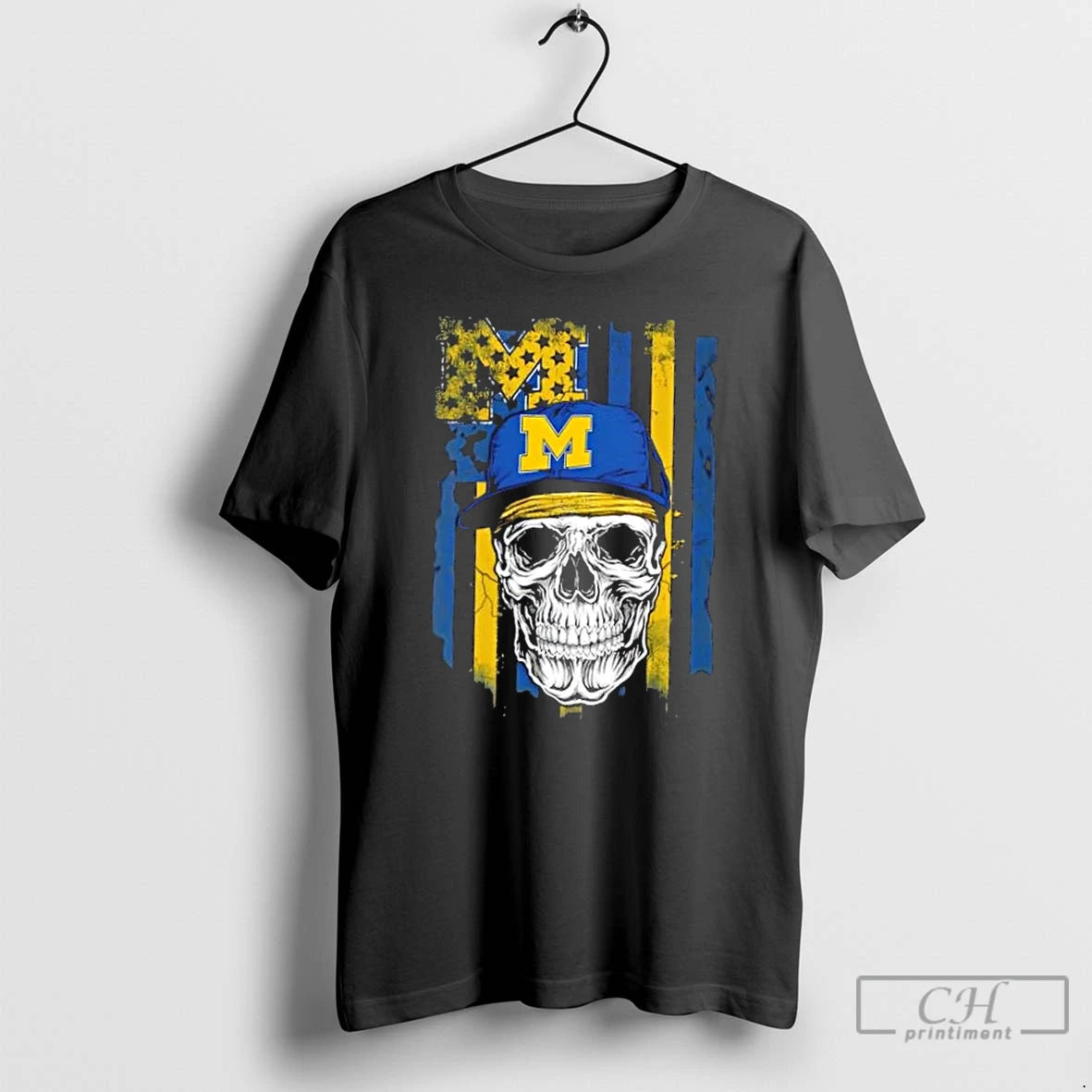 Classic Skull Wearing A Cap Michigan Wolverines Us Flag